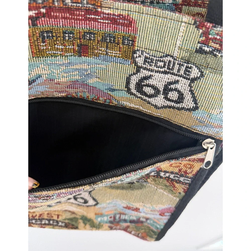 Tapestry Tote Bag Route 66 Zip‎ Closure Double Strap Zip Pocket Velcro Pocket